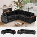 97 Inches Corduroy Couch with 2 Pillows Deep Seat Sectional Sofa Armrests with Two Hidden Storage Space Corner Couch Oversized L Shaped Cloud Couches for Living Room Black