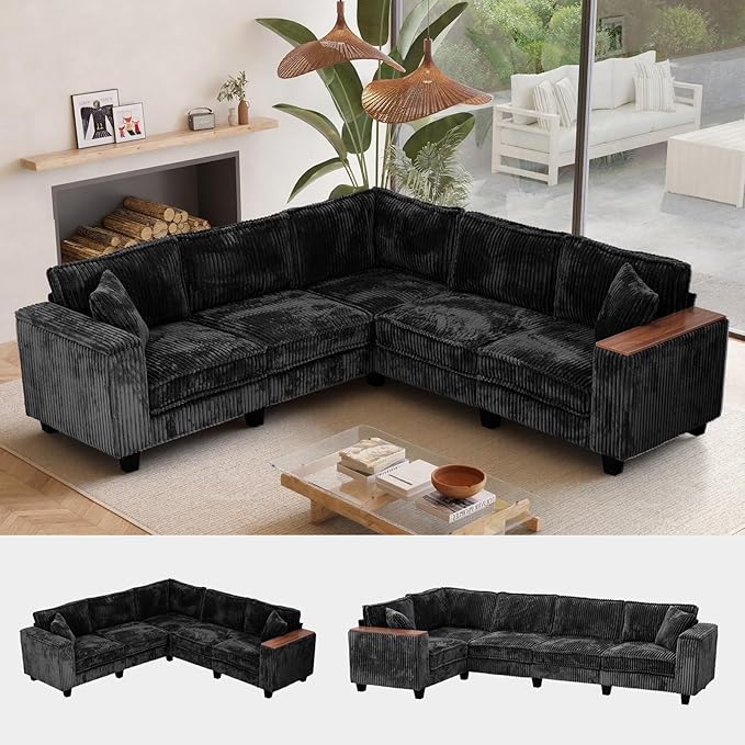 97 Inches Corduroy Couch with 2 Pillows Deep Seat Sectional Sofa Armrests with Two Hidden Storage Space Corner Couch Oversized L Shaped Cloud Couches for Living Room Black