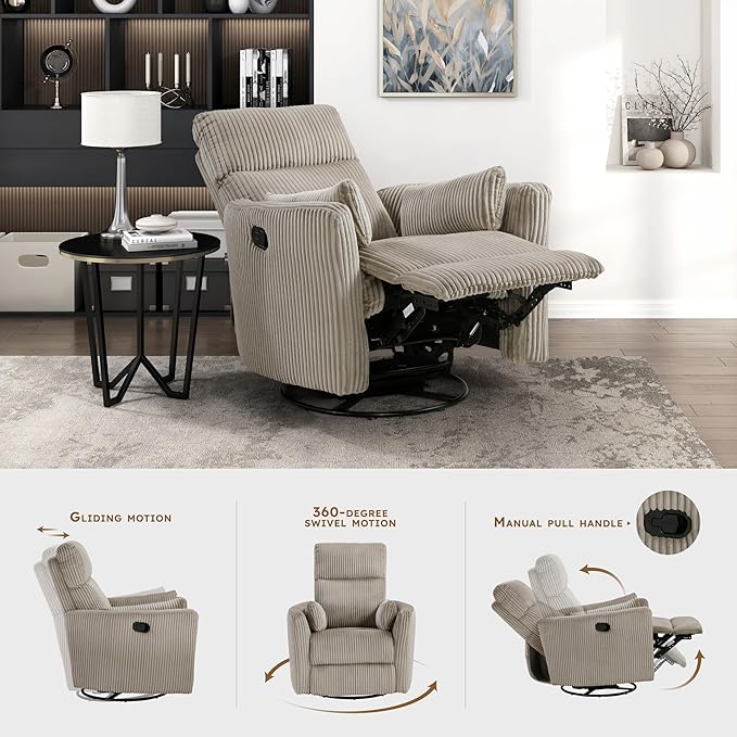 Lexicon Modern Swivel Glider Recliner Chair Nursery Glider Corduroy Fabric Upholstery Recliner with 2 Lumbar Pillows Manual Reclining Sofa Chair for Living Room/Office/Apartment Taupe