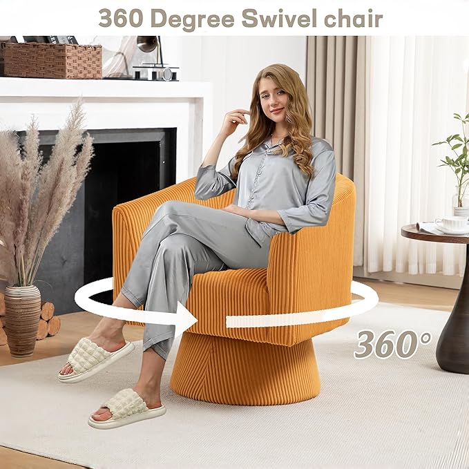 Swivel Accent Chair Modern 360° Barrel Chair Corduroy Upholstered Single Sofa for Living Room Bedroom(Mustard)