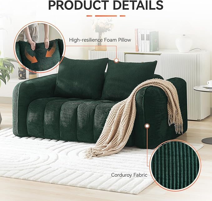 66'' Boneless Corduroy Loveseat Sofa 2 Seater Tufted Deep Seat Couch with Rounded Armrest Upholstered Cloud Couch for Living Room Bedroom No Assembly Green