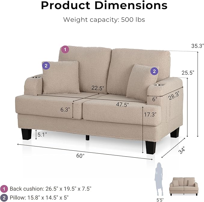 Homes: Inside + Out Reese Modern Plush Boucle Comfortable Loveseat with Side Pockets Cup Holders and Pillows Wooden Soft Couch for Living Room Bedroom and Office Beige