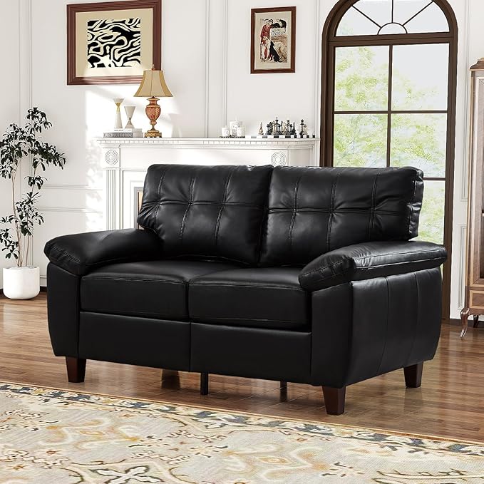Faux Leather Sofa Couch and Loveseat Sets with Hidden Storage &amp Tufted Backrest Mid Century Modern Couch Deep Seat Comfy Chesterfield Sofa for Living Room Office(Loveseat + 3 Seater Sofa Black