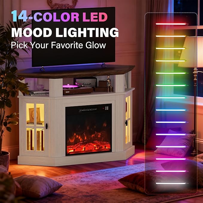 YESHOMY LED Corner Fireplace TV Stand with Mood Lighting for TVs up to 55 with Storage Cabinets Entertainment Center Media Console for Living Room Bedroom White