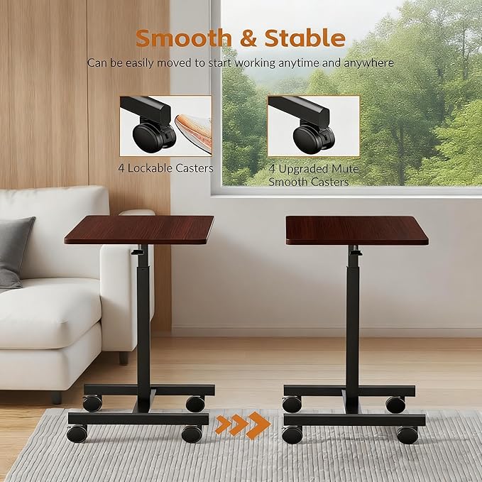 Mobile Standing DeskSmall Rolling DeskHeight Adjustable Rolling Cart with Lockable Wheels for Home Office Computer Workstationwith Hook Dark Walnut
