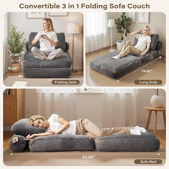 75'' Foldable Sofa BedConvertible Folding Sleeper Chair BedGrey Foldable Single Sofa Foam Filling Couch with Pillow Comfy Corduroy Lazy Floor Sofa for Small Room Bedroom Apartment