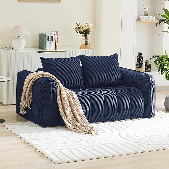 66'' Boneless Corduroy Loveseat Sofa 2 Seater Tufted Deep Seat Couch with Rounded Armrest Upholstered Cloud Couch for Living Room Bedroom No Assembly Navy