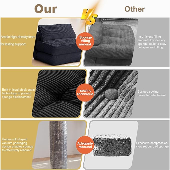 GYUTEI Folding Sofa Bed Convertible Sleeping Chair with Backrest Support and Soft Corduroy FabricFold Couch Bed with Pillow for Small Spaces/Living Room/Bedroom/Apartment Single SizeBlack