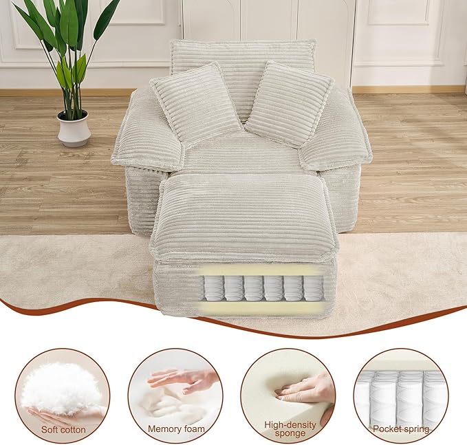 Boneless Sofa with Removable OttomanUpholstered Sofa Bed with PillowsPlush Faux Fur Lounge Reading Chairs with ArmrestsCloud Couches for Living RoomNo Assembly Required (White Single seat) | No A