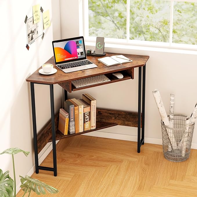 Tangkula Corner Desk with Keyboard Tray 90-Degree Triangle Corner Computer Desk for Small Space Industrial Writing Desk with Storage Shelf Space-Saving Laptop PC Desk (Rustic Brown)