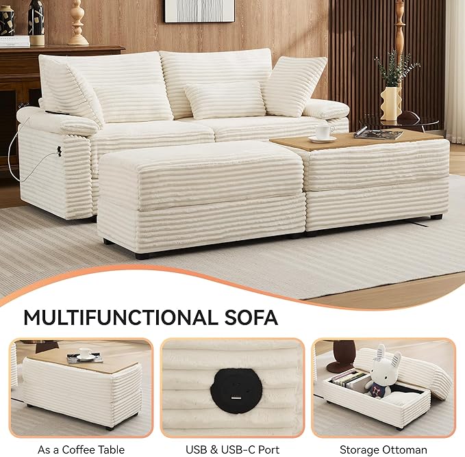 75 Corduroy Loveseat with Storage Ottoman Cloud Deep Seat Couch with Convertible Ottoman Coffee Table &amp USB Double Chaise Lounge for Living Room Beige