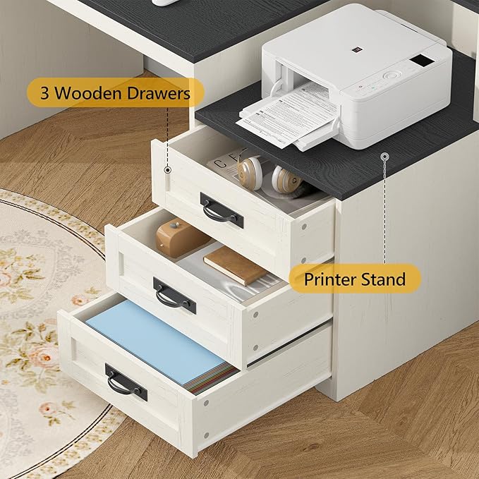 TVU Farmhouse Computer Desk with Drawers 65'' Home Office Desk with Power Outlets Storage Cabinet and Printer Stand Study Writing Desks with Long Monitor Stand Black and White