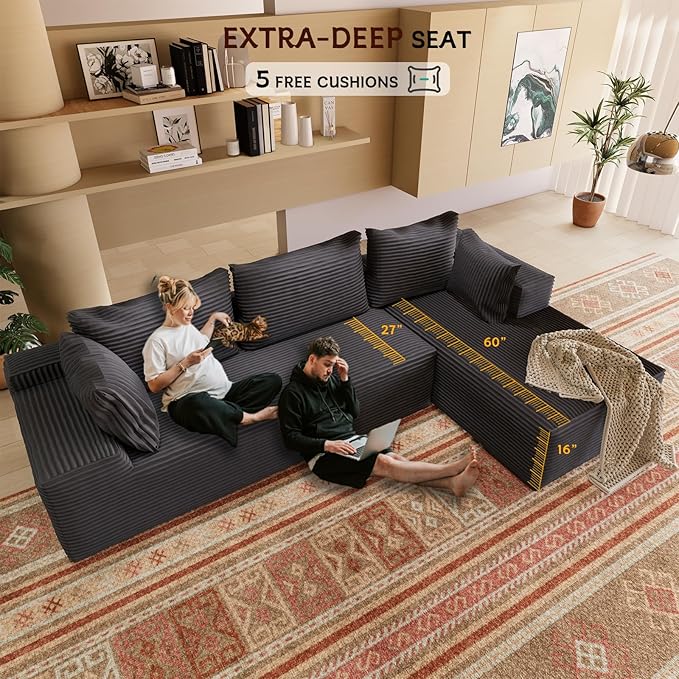 104” Cloud Sectional Couch with L-Shape Chaise Convertible Sofa with Deep Seat Modern Oversized Fluffy Couch with Sleeper Chaise Corduroy Sofas Bed Minimalist Sofa Couches(Black)