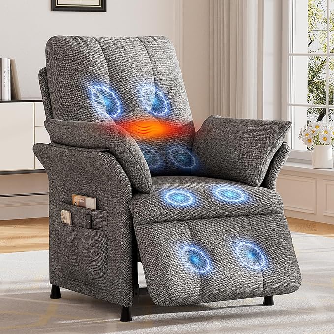 Power Recliner Chair for Adults with Heat &amp Massage - Linen Electric Reclining Sofa with Remote Control 3 Side Pockets 180° Lay Flat Sleeper for Living Room Home Theater Light Grey
