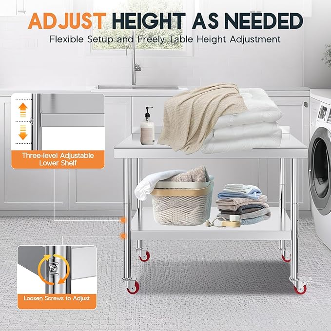 Jocisland 24 x 48 Stainless Steel Table for Prep &amp Work NSF Certified with Backsplash and Wheels Adjustable Under Shelf &amp Safe Design for Restaurant Home and Outdoor