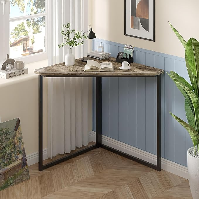 VECELO Corner DeskOffice Tables for Living Room for Small Space Triangle Computer Desk with Steel Frame Corner Shelves with Metal Frame Writing Desk for Workstation Classic Grey 33.1 2 Set