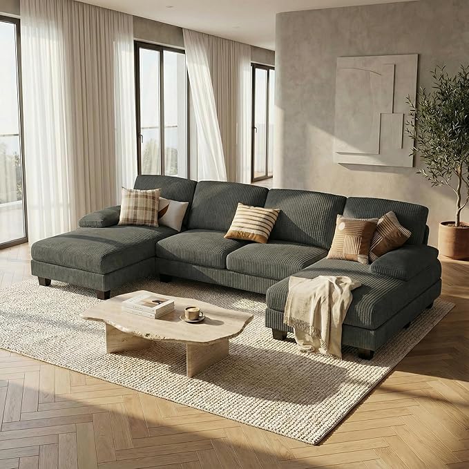 Homall Modular Sectional U Shaped Sofa Couches for Living Room Comfy Corduroy 4 Seat Sofa Set with Removable Pillows Lounge Chaise Upholstered Couch for Apartment (Corduroy Dark Grey)
