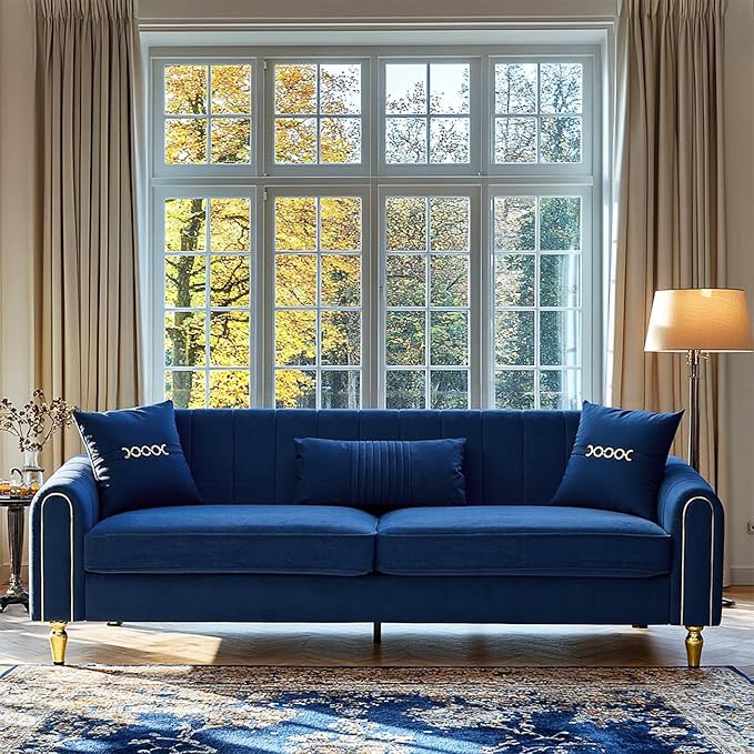 87.5 Modern 3-Seater Velvet Couch with Metal Legs &amp Decorative Pillows High Resilience Sponge Spring Seat Luxury Sectional Loveseat Sofa for Living Room Apartment Small Space Blue