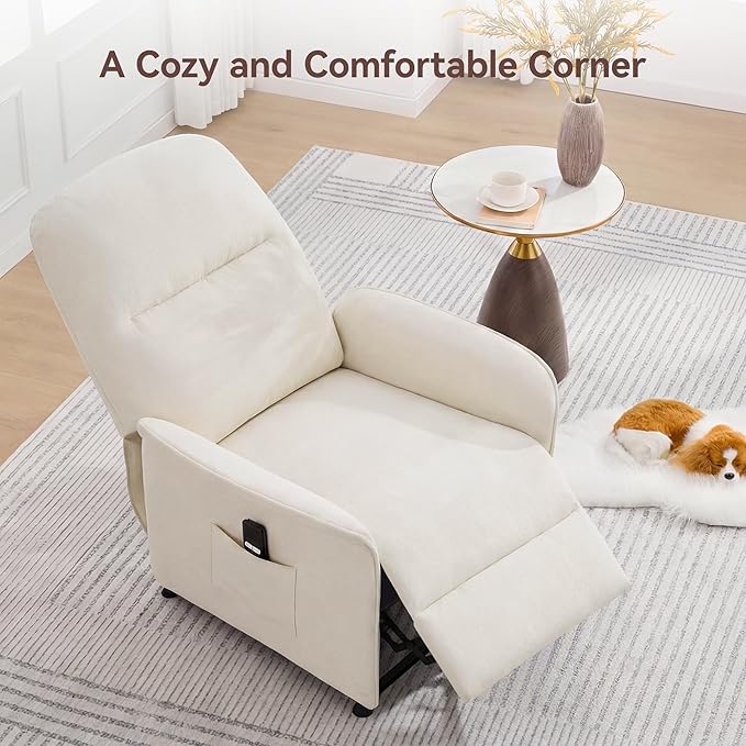 Power Recliner Chair for Adults Modern Reclining Single Sofa with Curved Armrest Comfy Ergonomics Electric Recliner with Side Pockets Adjustable Reading Chair for Living Room Bedroom Chenille Beige