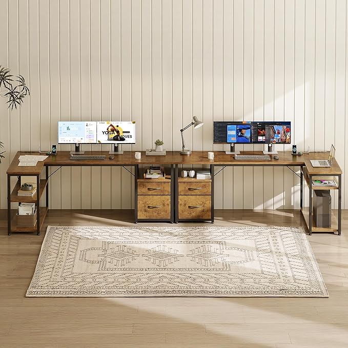 AODK 55 inch L Shaped Computer Desk with Drawers Reversible Computer Desk with Storage Shelves Home Office Desk with Built-in Power Outlet Rustic Brown