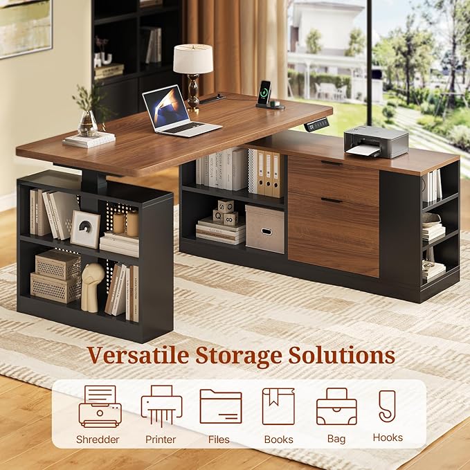 L Shaped Standing Desk Adjustable Height 53 Electric Office Desk with File Drawers &amp Storage Shelves Sit Stand Corner Computer Desk with Power Outlets Pegboard 6 Hooks Black &amp Walnut