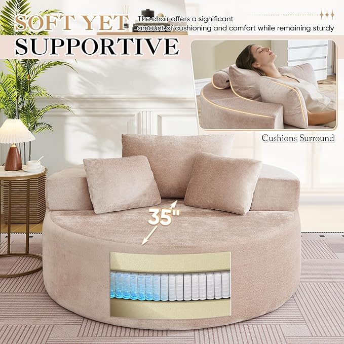 Modern Round Accent Sofa Chair for Living Room Upholstered Soft Terrycloth Barrel Lounge Arm Chair with Large seat&ampThrow Pillows for Bedroom Office Apartment Camel