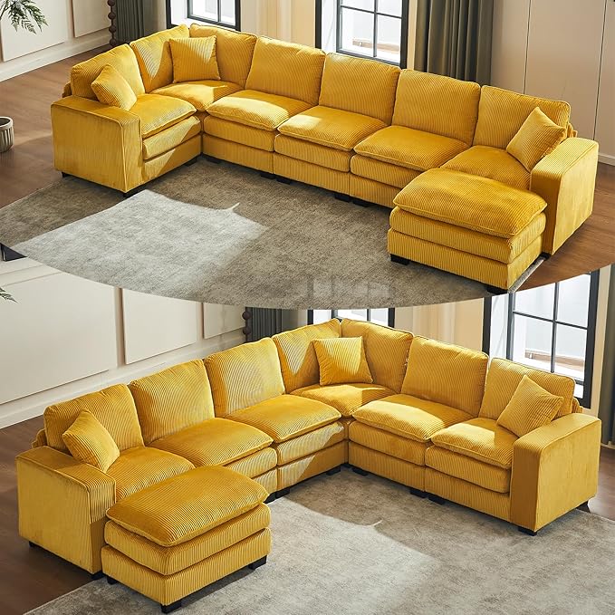 143 Large Modular Sectional Sofa Convertible U - L Shaped 6-Seat Sofa Couch with One Ottoman Chaise and Pillows Sectional Couches Comfy Corduroy Upholstered Sofa Sleeper for Living Room (Yellow)