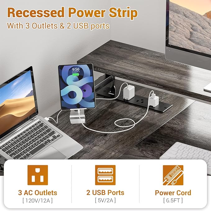 Aheaplus L Shaped Desk with File Drawer Reversible L Shaped Computer Desk Gaming Desk with Power Outlet &amp LED Strip Home Office Desk with Monitor Shelf Corner Desk with Storage Shelves Grey Oa