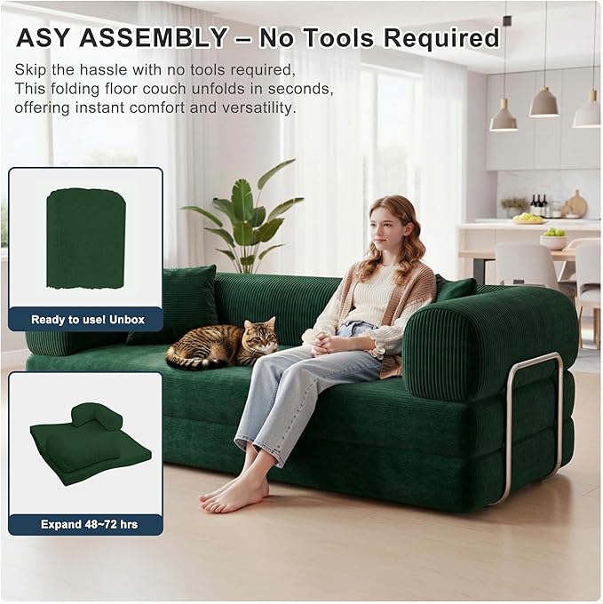 78 Inch Folding Convertible Sofa Bed 4-in-1 Oversized Cloud Corduroy Upholstered Boneless Couch Loveseat Sleeper with Pull Out Bed Modular Futon Floor Sofa Couch for Living Room Bedroom Lounge