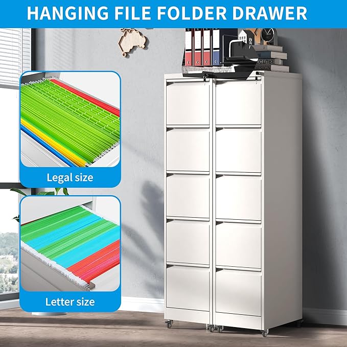 5 Drawer Rolling File Cabinet with Lock Metal Filing Cabinets on Wheels Vertical Steel Office Drawers Storage for Hanging Legal/Letter Folders Require Assembly (White)