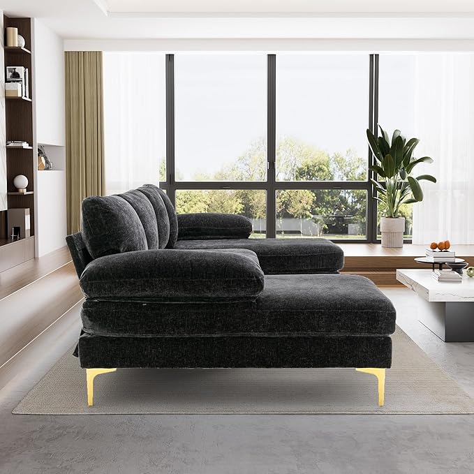 112 Cloud Sectional Sofa with Extra Deep SeatU Shaped Sectional Couches for Living Room4 Seater Chenille Sofas &amp CouchesModern Apartment Couch with Double Chaise Lounge (Black)
