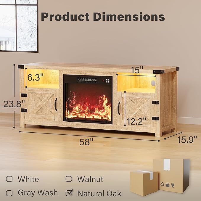 YESHOMY LED Fireplace TV Stand with Mood Lighting TV Cabinet with Open Shelf Farmhouse Media Console with Hidden Cable Routing Entertainment Center for Televisions up to 65+ Inch Natural Oak