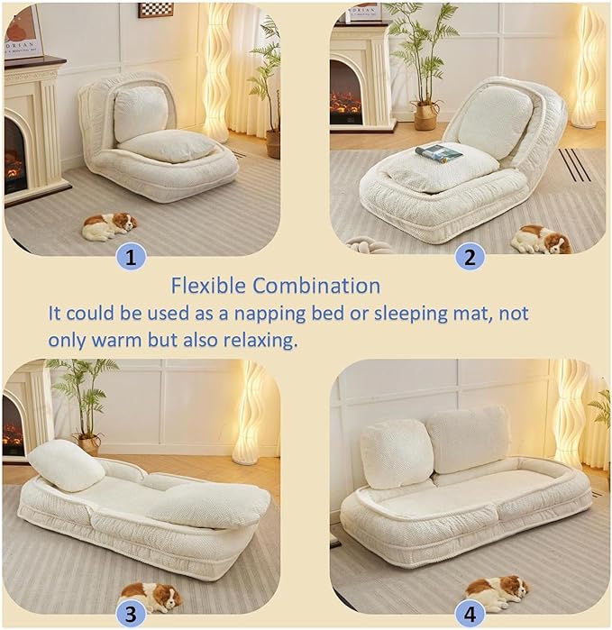 Lazy Sofa Couch 5 Adjustable Position Floor Sofa Fits with 2 Pillows Folding Tatami Lazy Bed Suit to Put in Bedroom Living Room (White)