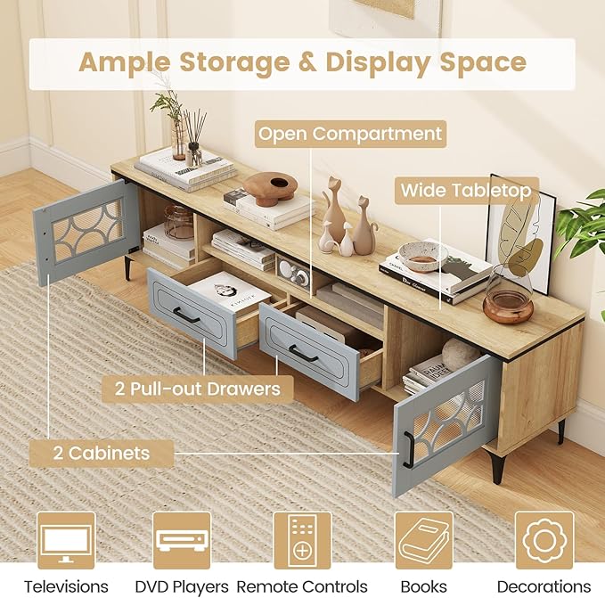 Tangkula Farmhouse TV Stand for TVs up to 80” 71” Entertainment Center with 2 Drawers 2 Cabinets &amp Compartment with 7 Raised Metal Legs Wood Media TV Console Table for Living Room (Bluish Gray