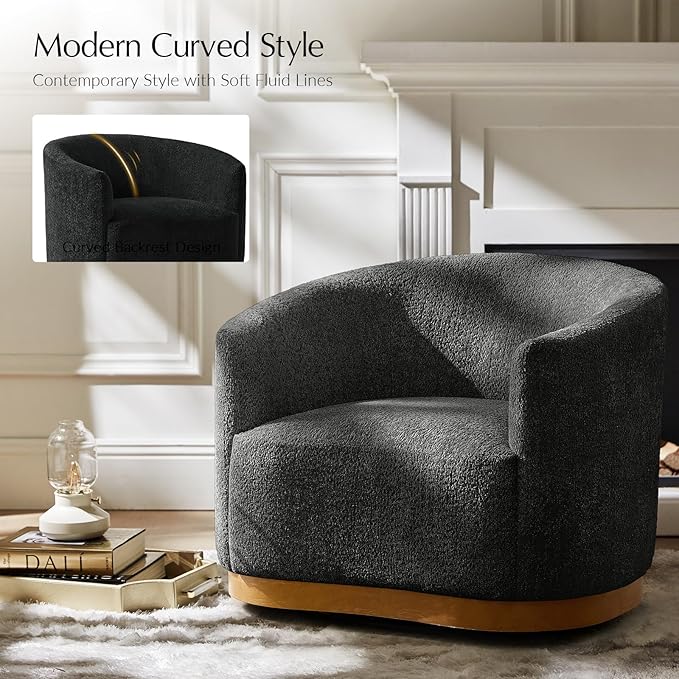 HULALA HOME Chenille Swivel Accent Chairs Set of 2 Fully Assembled Comfy Upholstery Barrel Armchair with Sturdy Solid Wood Base Black