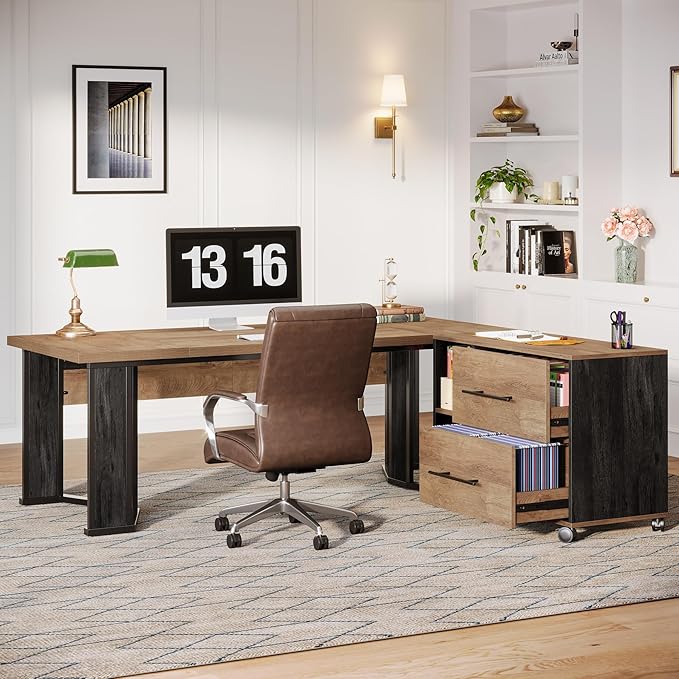 Tribesigns 70.86 Executive Desk with Mobile File Cabinet Large L Shaped Computer Office Desk with 2 Drawers and Storage Shelves Business Furniture Desk Workstation for Home Office (Light Brown)