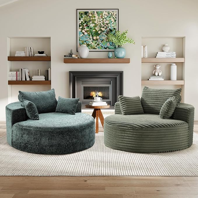 Modern Round Accent Sofa Chair for Living Room Upholstered Corduroy Barrel Lounge Arm Chair with Large seat&ampThrow Pillows for Bedroom Office Apartment Green