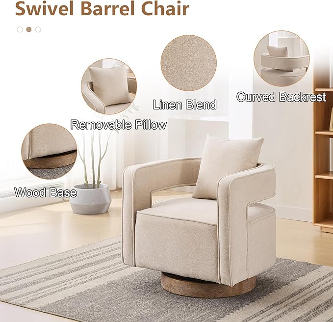 Swivel Accent Chairs Set of 2 Upholstered 360° Round Barrel Arm Chair with Open Back &amp Wood Base Comfy Linen Blend Square Single Club Chair for Living Room Bedroom Office Hotel Reception (Beige)