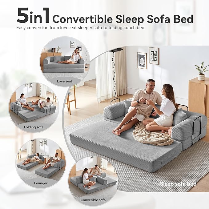 Convertible Sleeper Sofa Bed Sleeper Sofa with Pillow | Corduroy Fabric | High-Density Sponge | Fixed-Shape Frame Modular Sofa Bed for Living Room Lounge Studio (Light Grey)