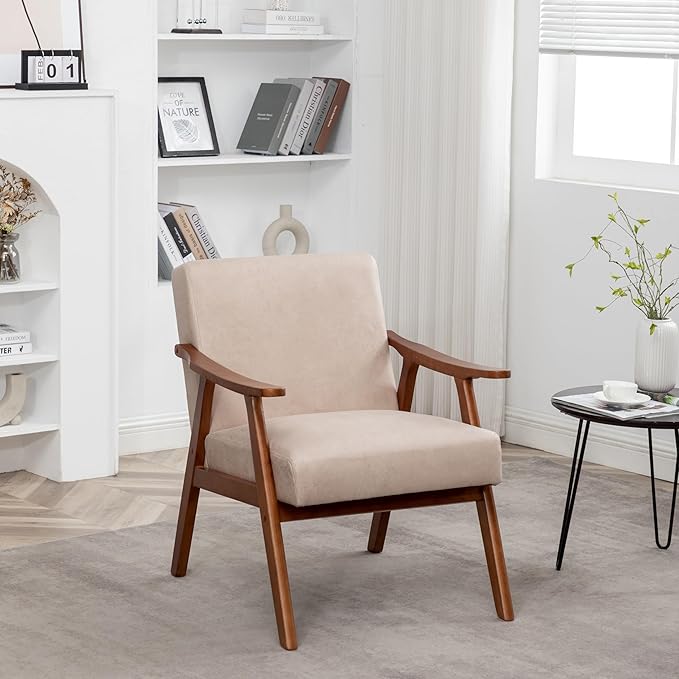 Mid Century Modern Accent Chairs with Arms Portable Rustic Solid Wood Home Chair Comfortable Chairs for Living Room Extra Seating Modern Accent Chair for Bedroom OfficeLightCamel-Microfibe