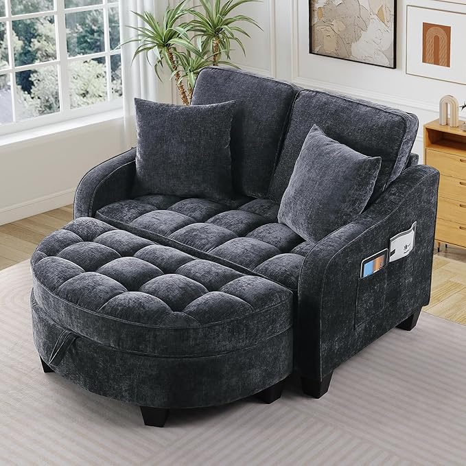 Oversized Chair and A Half Chenille Tufting Accent Cozy Reading Sofa Chair with Storage Ottoman Upholstered Loveseat Chaise Lounge Sofa with Adjustable Back for Living Room Office Sunroom Black