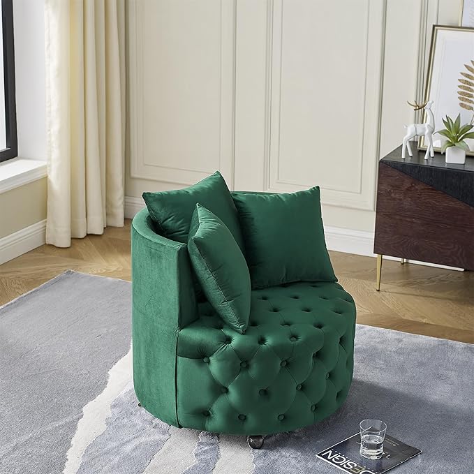 JOYBASE Swivel Barrel Chair Round Swivel Accent Chair with 3 Pillows Cozy Comfy Lounge Chair Circle Club Chair Armchair Modern Sofa Chair for Living Room Bedroom (Green Velvet)
