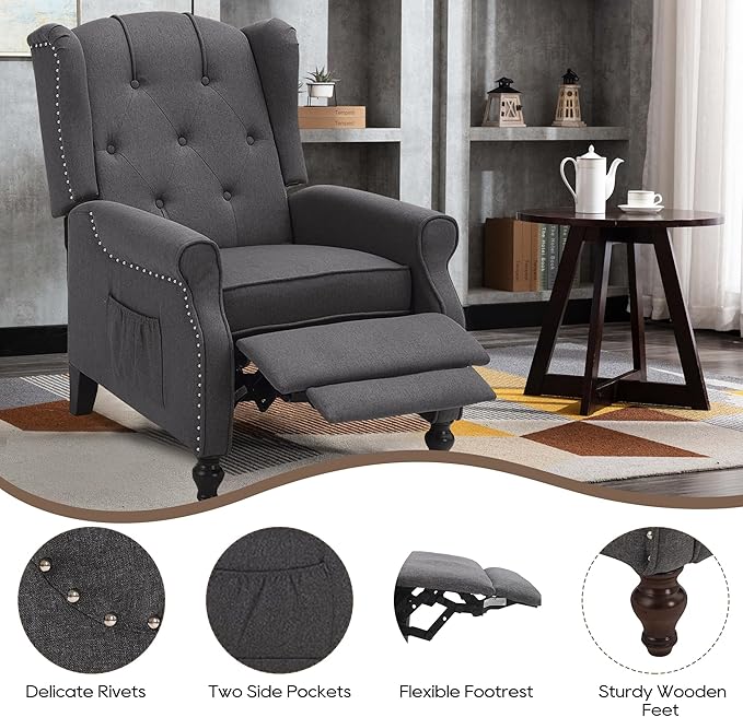Wingback Recliner Chair with Massage and Heat Tufted Fabric Push Back Recliner Chair for Living Room Vintage Wingback Chair with Remote Control Padded Cushion Backrest Wooden Legs