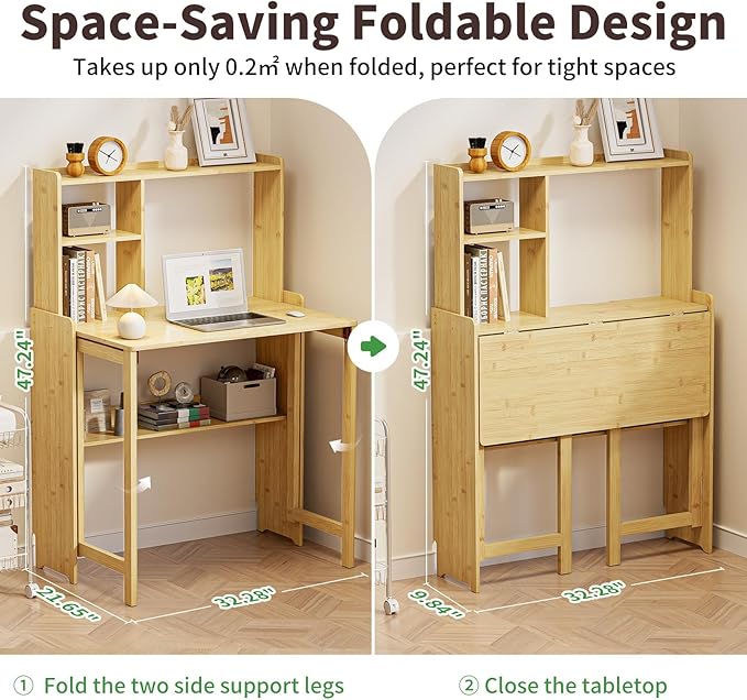 Bamboo Folding Desk for Small Spaces with Storage Mid Century Foldable Desk with Bookshelf Small Desks with Storage for Home Office Bedroom Natural