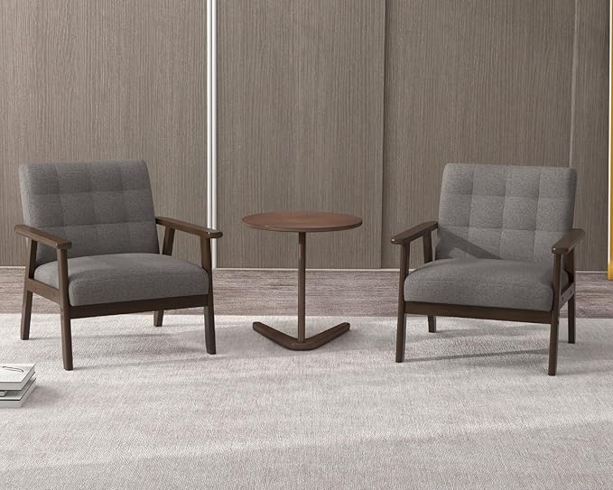 Modern Accent Chair with Wooden Table Upholstered Linen Fabric Leisure Side Chair with Arm Rest and Wooden Frame for Living Room Bedroom Reading (Gray)