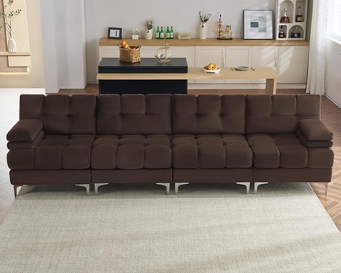 AMERLIFE 124 Inch Modular Sectional Couch 4 Seater Sectional Sofa with Metal Legs Modern Sofa Couch for Living Room Dark Brown