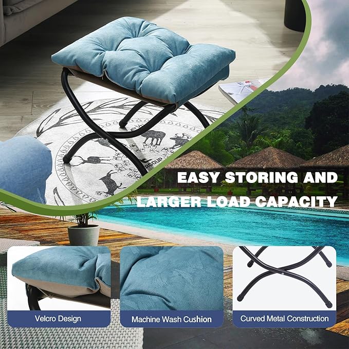 15 Foldable Foot Stool Ottoman with Metal Frame - Washable Blue Upholstered Indoor/Outdoor Footrest for Living Room Bedroom Patio - Space-Saving Compact Design