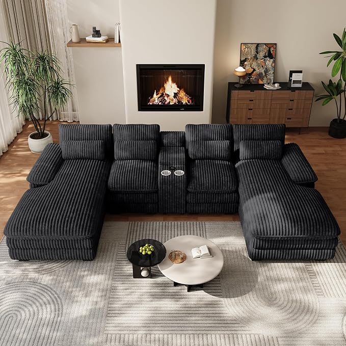 133 Oversized U Shaped Cloud Couch Modular Sectional Couches for Living Room Comfy Corduroy Deep Seat Sofa Set with Double Chaise Lounge Storage Central Console Cup Holders USB Port Black