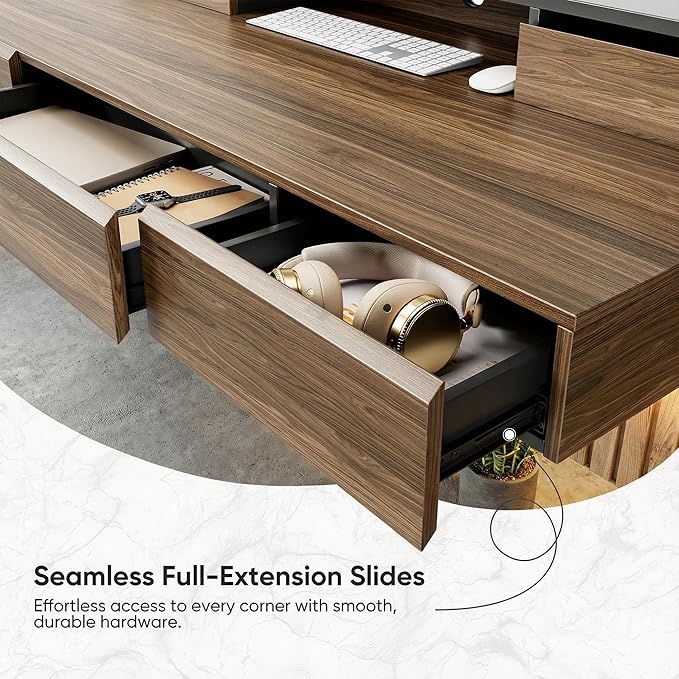 ErGear Electric Standing Desk with 5 Solid Wood Drawers 48 x 26 Inches Whole Piece Desktop with Desktop Riser Stand Compatible with C-Clamp Monitor Arms Modern Office Desk Dark Walnut