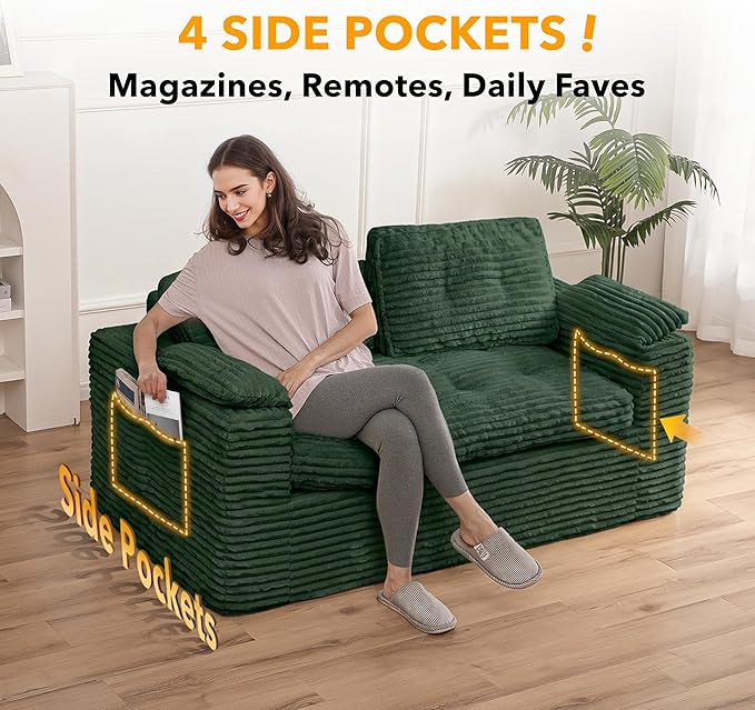 60in Loveseat Sofa Boneless Cloud Couch Sofa for Living Room 2 Seater Modern Lounge Sleeper Couch with Removable Cover Corduroy with Armrest Seat Cushion &amp Pillows for Small Spaces Green